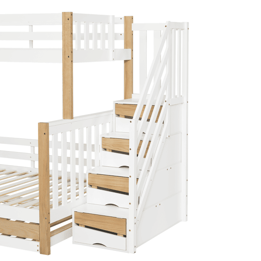 Beliche + cama extra 90x200&120x200 - com proteção anti-queda, grade, três posições de cama, escada de canto, design especial da porta - Branco+Natural