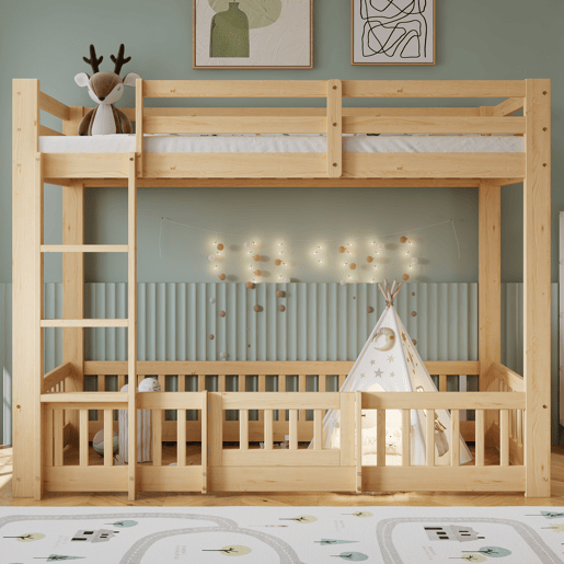 Beliche 90x200 - Escada em ângulo reto, corrimão e porta, proteção contra quedas, espaço livre por baixo - Natural