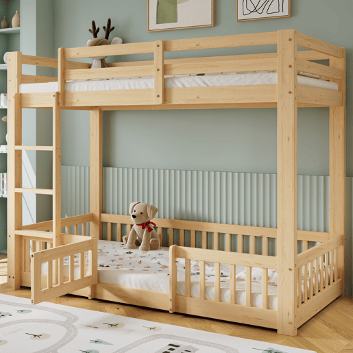 Beliche 90x200 - Escada em ângulo reto, corrimão e porta, proteção contra quedas, espaço livre por baixo - Natural