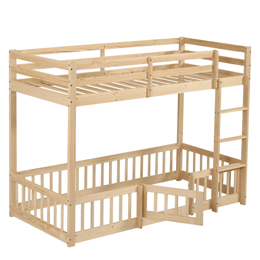 Beliche 90x200 - Escada em ângulo reto, corrimão e porta, proteção contra quedas, espaço livre por baixo - Natural