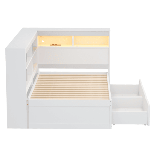 Sofá-cama 90x200 cm - Com arrumação, cama com USB e tomada, com prateleiras e bandejas, muita capacidade, cama multifuncional em madeira - Branco