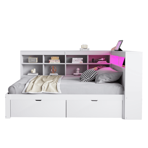 Sofá-cama 90x200 cm - Com arrumação, cama com USB e tomada, com prateleiras e bandejas, muita capacidade, cama multifuncional em madeira - Branco