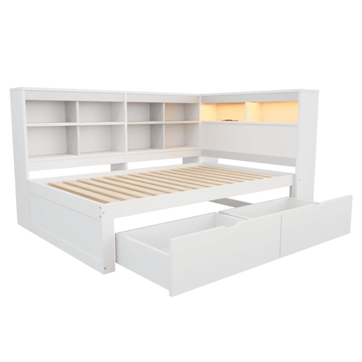 Sofá-cama 90x200 cm - Com arrumação, cama com USB e tomada, com prateleiras e bandejas, muita capacidade, cama multifuncional em madeira - Branco