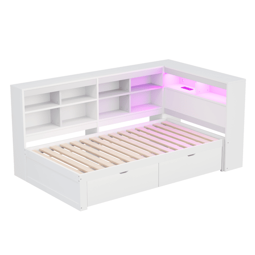 Sofá-cama 90x200 cm - Com arrumação, cama com USB e tomada, com prateleiras e bandejas, muita capacidade, cama multifuncional em madeira - Branco
