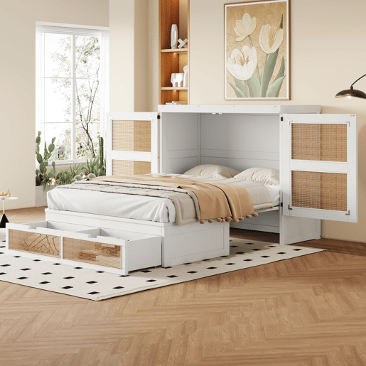 Cama rebatível 140x200 cm - Com estrado, vertical, com gavetas de arrumação, design em rattan - Branco