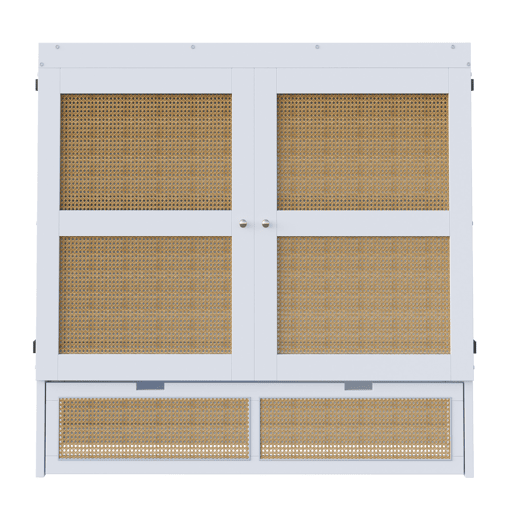 Cama rebatível 140x200 cm - Com estrado, vertical, com gavetas de arrumação, design em rattan - Branco