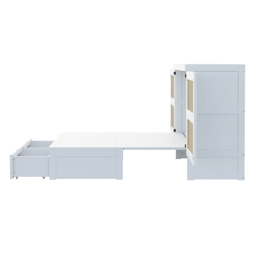 Cama rebatível 140x200 cm - Com estrado, vertical, com gavetas de arrumação, design em rattan - Branco