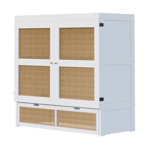 Cama rebatível 140x200 cm - Com estrado, vertical, com gavetas de arrumação, design em rattan - Branco