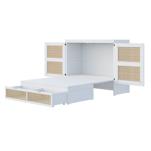 Cama rebatível 140x200 cm - Com estrado, vertical, com gavetas de arrumação, design em rattan - Branco