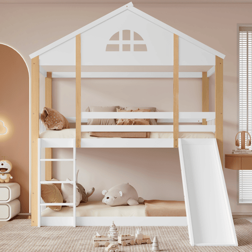 Beliche infantil 90x200 cm - com janelas, escorregador, escada angular e grades de segurança - Branco+Natural