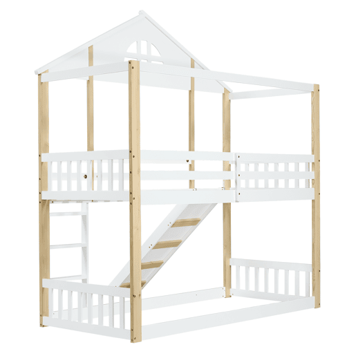 Beliche infantil 90x200 cm - com janelas, escorregador, escada angular e grades de segurança - Branco+Natural