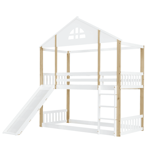 Beliche infantil 90x200 cm - com janelas, escorregador, escada angular e grades de segurança - Branco+Natural