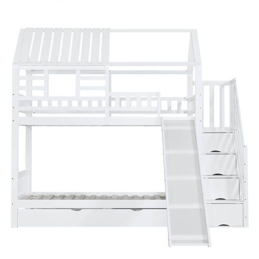 Beliche 90x200 - Casa com escada e escorregador, escada com arrumação, janela e teto, corrimão de segurança, gaveta - Branco