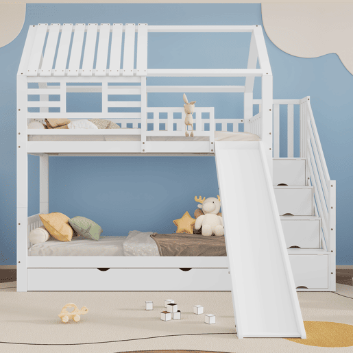 Beliche 90x200 - Casa com escada e escorregador, escada com arrumação, janela e teto, corrimão de segurança, gaveta - Branco