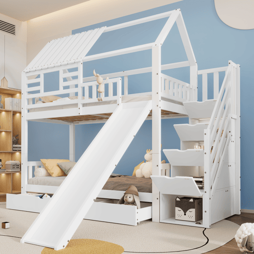 Beliche 90x200 - Casa com escada e escorregador, escada com arrumação, janela e teto, corrimão de segurança, gaveta - Branco