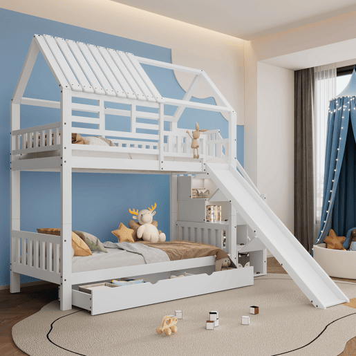 Beliche 90x200 - Casa com escada e escorregador, escada com arrumação, janela e teto, corrimão de segurança, gaveta - Branco
