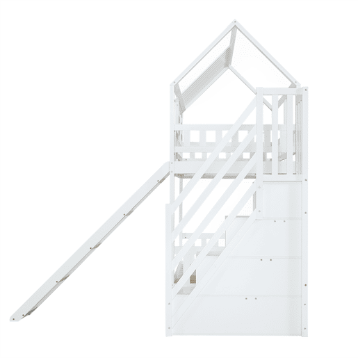 Beliche 90x200 - Casa com escada e escorregador, escada com arrumação, janela e teto, corrimão de segurança, gaveta - Branco