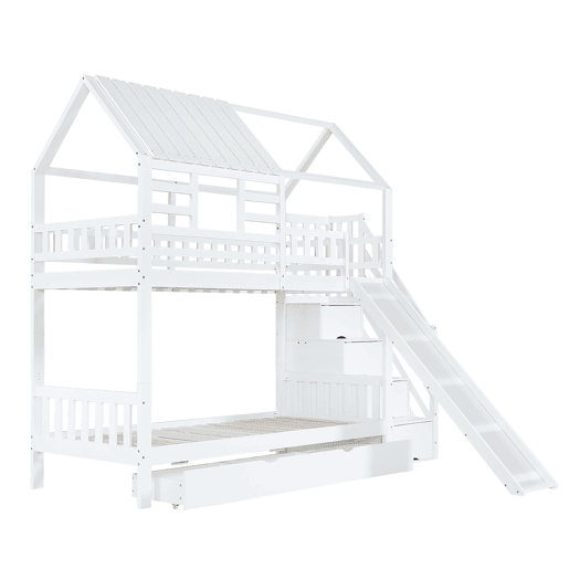 Beliche 90x200 - Casa com escada e escorregador, escada com arrumação, janela e teto, corrimão de segurança, gaveta - Branco
