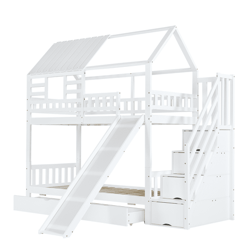 Beliche 90x200 - Casa com escada e escorregador, escada com arrumação, janela e teto, corrimão de segurança, gaveta - Branco