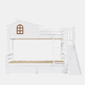 Beliche + cama individual 90x200 e 120x200 - Janelas decorativas, escada inclinada de 4 níveis, cama para crianças e adultos com escorregador, 2 gavetas, estrutura em madeira maciça - Branco