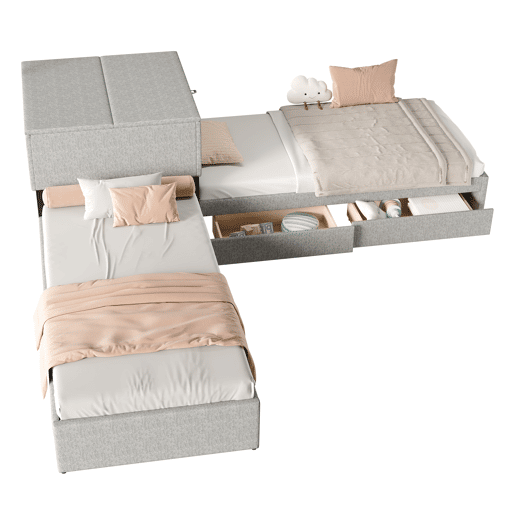 Cama de canto 90x200 - cama individual com gaveta, arrumação, gaveta e armário - cinzento