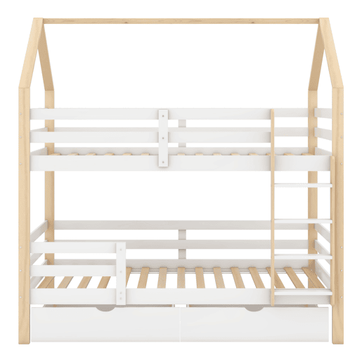 Cama infantil 90x200 - cama em forma de casa com gavetas grandes, dupla, sem colchão - branco+madeira