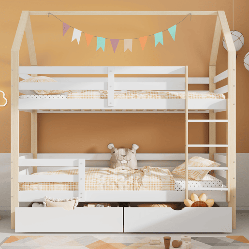 Cama infantil 90x200 - cama em forma de casa com gavetas grandes, dupla, sem colchão - branco+madeira