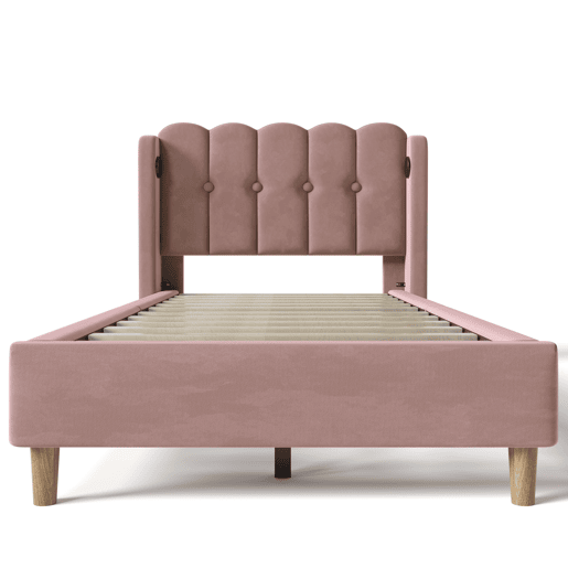Cama individual 90x200 cm - Com função de carregamento USB tipo C, cabeceira acolchoada, estrutura de cama com estrado - Rosa