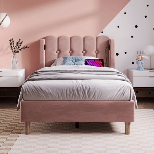 Cama individual 90x200 cm - Com função de carregamento USB tipo C, cabeceira acolchoada, estrutura de cama com estrado - Rosa