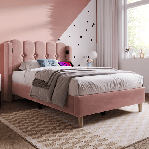 Cama individual 90x200 cm - Com função de carregamento USB tipo C, cabeceira acolchoada, estrutura de cama com estrado - Rosa