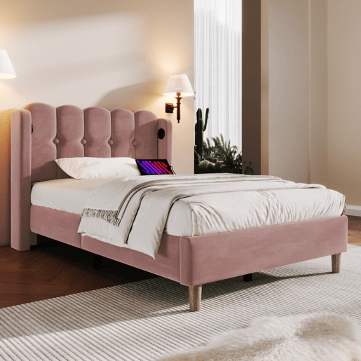 Cama individual 90x200 cm - Com função de carregamento USB tipo C, cabeceira acolchoada, estrutura de cama com estrado - Rosa