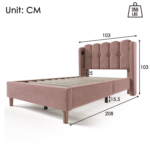 Cama individual 90x200 cm - Com função de carregamento USB tipo C, cabeceira acolchoada, estrutura de cama com estrado - Rosa