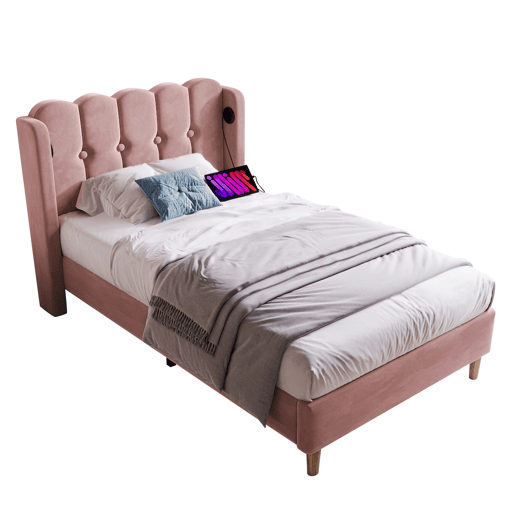 Cama individual 90x200 cm - Com função de carregamento USB tipo C, cabeceira acolchoada, estrutura de cama com estrado - Rosa
