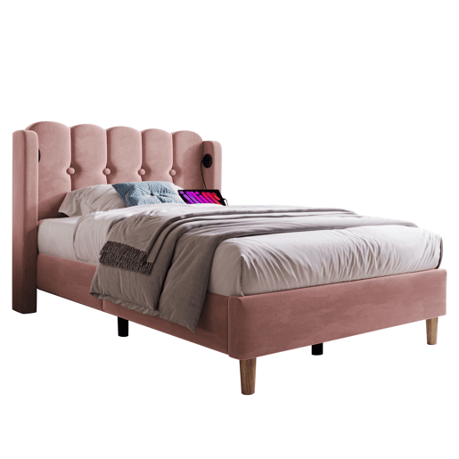 Cama individual 90x200 cm - Com função de carregamento USB tipo C, cabeceira acolchoada, estrutura de cama com estrado - Rosa