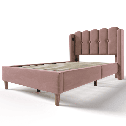 Cama individual 90x200 cm - Com função de carregamento USB tipo C, cabeceira acolchoada, estrutura de cama com estrado - Rosa