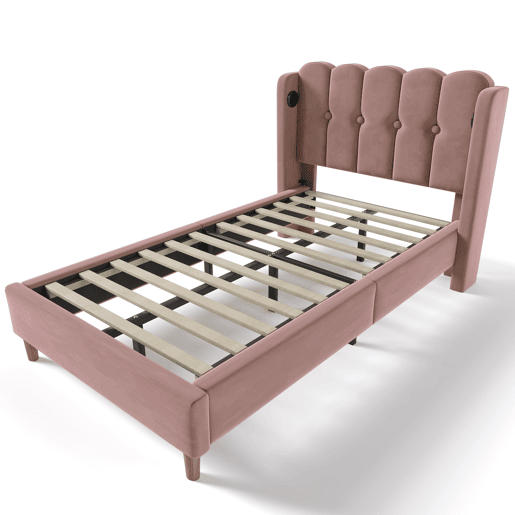 Cama individual 90x200 cm - Com função de carregamento USB tipo C, cabeceira acolchoada, estrutura de cama com estrado - Rosa