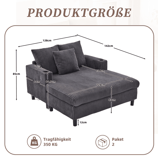 Poltrona chaise longue grande - Com porta-copos laterais, portas USB, iluminação LED ambiente - Cinza escuro
