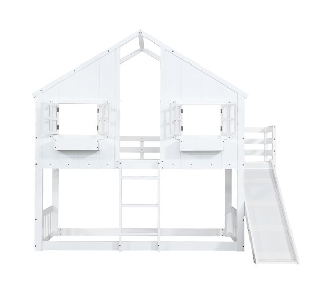 Cama litera 90x200cm - con tobogán, techo y ventana, con protección anticaída y escalera de 3 peldaños - blanca