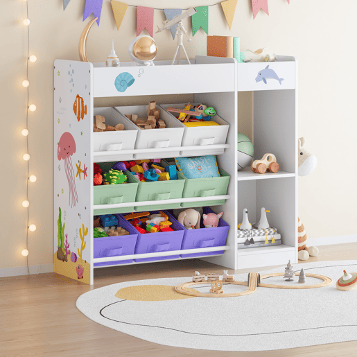 Estante para crianças Farusa com 9 caixas dobráveis 80x90x30 cm motivo Aqua Dream en.casa