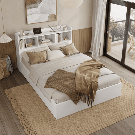 Cama de casal 140x200 - com cabeceira, 2 mesas de cabeceira removíveis, prateleiras, carregamento sem fios e USB, gavetas - branco