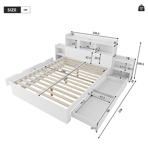 Cama de casal 140x200 - com cabeceira, 2 mesas de cabeceira removíveis, prateleiras, carregamento sem fios e USB, gavetas - branco