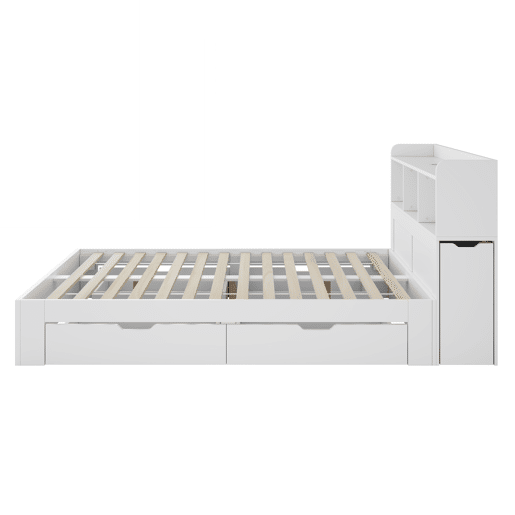 Cama de casal 140x200 - com cabeceira, 2 mesas de cabeceira removíveis, prateleiras, carregamento sem fios e USB, gavetas - branco