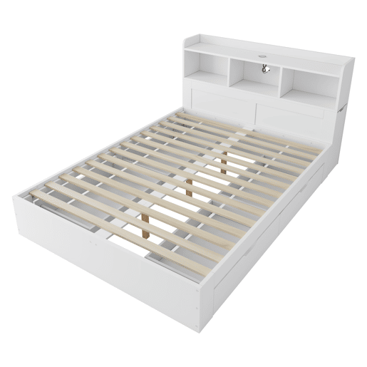Cama de casal 140x200 - com cabeceira, 2 mesas de cabeceira removíveis, prateleiras, carregamento sem fios e USB, gavetas - branco