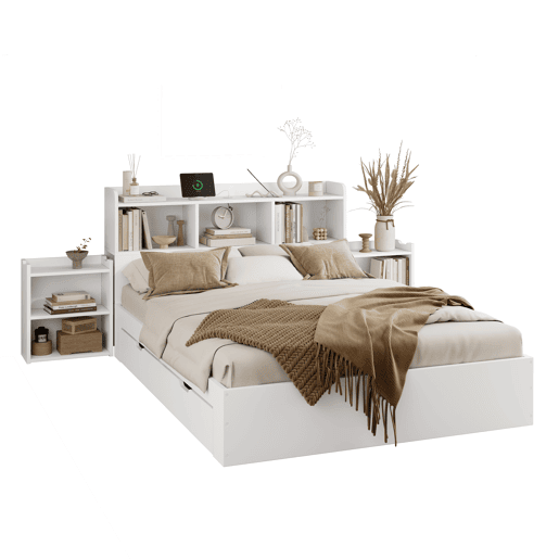 Cama de casal 140x200 - com cabeceira, 2 mesas de cabeceira removíveis, prateleiras, carregamento sem fios e USB, gavetas - branco