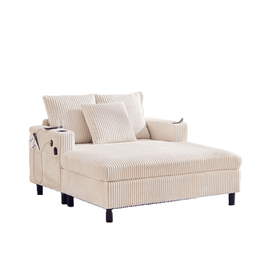 Poltrona chaise longue grande - macia com porta-copos laterais, portas USB, iluminação LED integrada - Bege