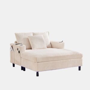 Poltrona chaise longue grande - macia com porta-copos laterais, portas USB, iluminação LED integrada - Bege