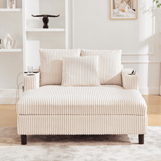 Poltrona chaise longue grande - macia com porta-copos laterais, portas USB, iluminação LED integrada - Bege