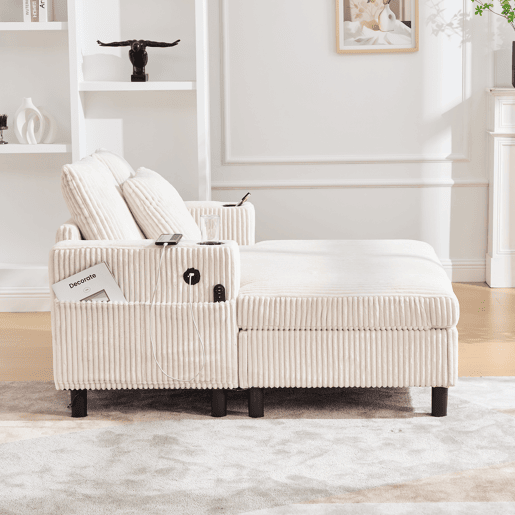 Poltrona chaise longue grande - macia com porta-copos laterais, portas USB, iluminação LED integrada - Bege