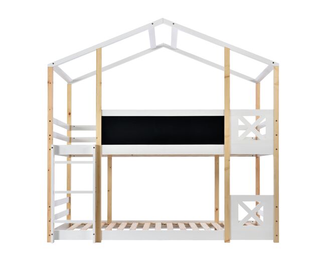 Cama infantil 90x200 cm - cama tipo árbol con escalera y 2x somier - natural y blanco