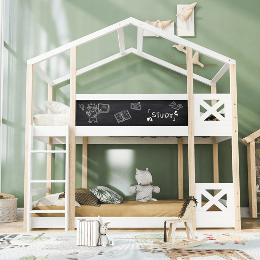 Cama infantil 90x200 cm - Cama tipo árvore com escada e 2x estrado - Natural e Branco